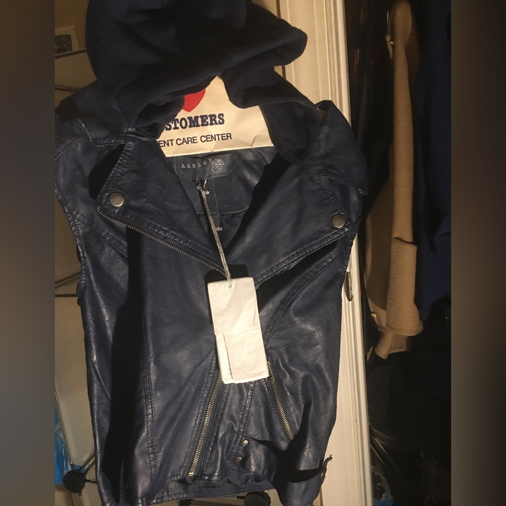 Navy blue leather vest with hood